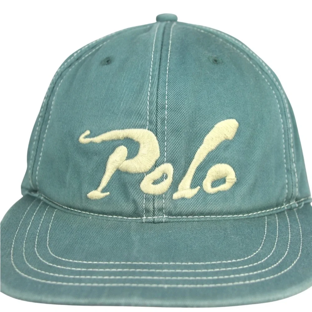 VTG Polo Ralph Lauren Cursive Font Emb Logo Leather Strap Hat Adult OS Green EUC